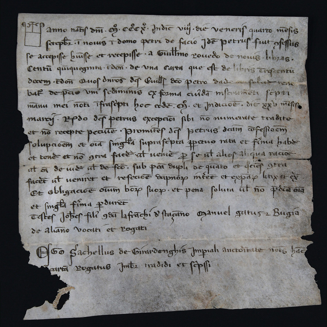 1310, settembre 4, Novi
Pietro Faccio di Novi riconosce d’aver ricevuto da Guglielmo Rovedo 150 delle 310 lire di Tortona dovutegli.
(ASAL, Archivio Notarile di Alessandria, III versamento, Pergamene, scatola 5bis, fasc. 43)